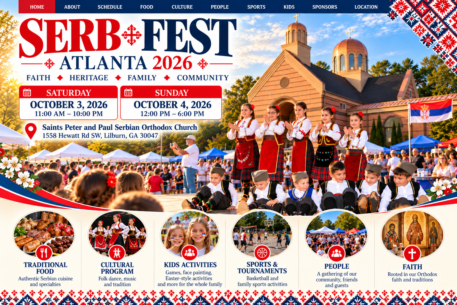 Serb Fest Atlanta 2026 festival cover featuring Serbian folklore, church, food, culture, children and sports