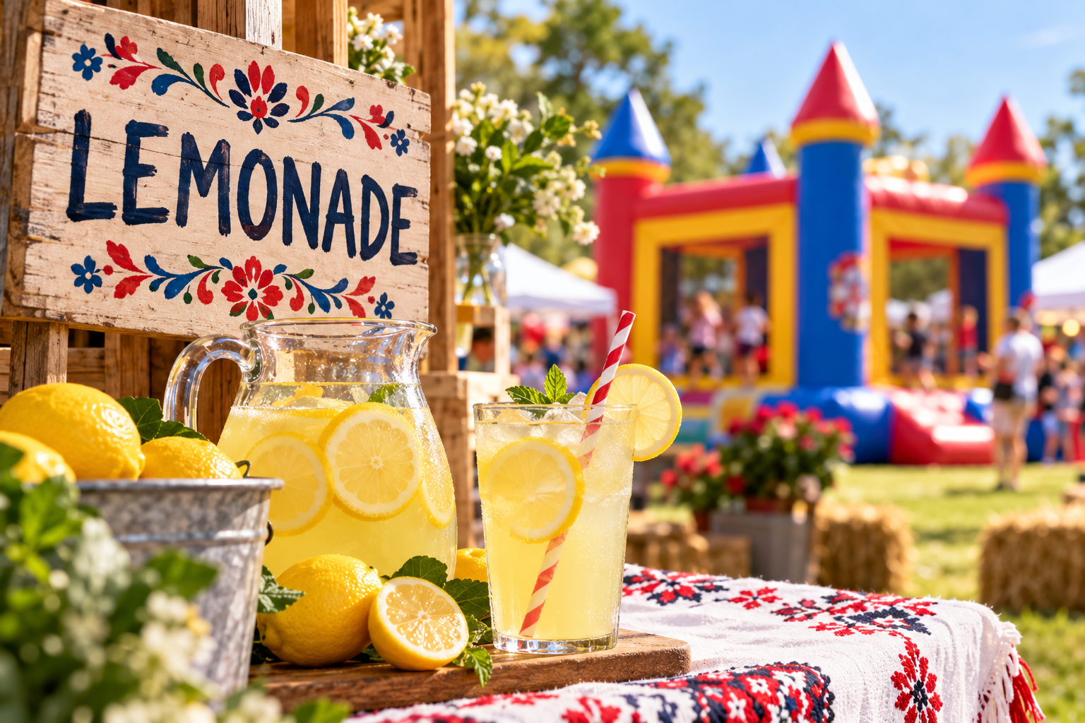 Lemonade stand and bouncy kids area