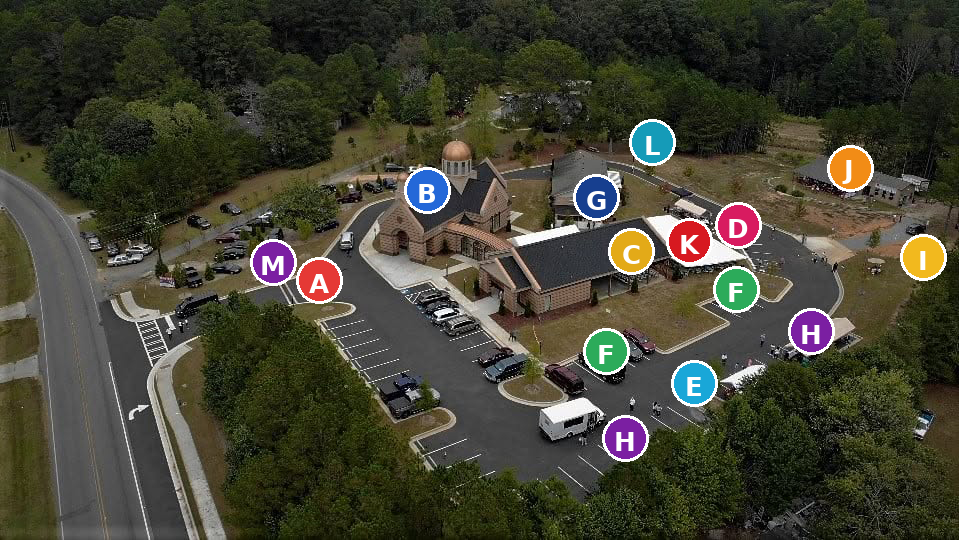 Aerial map of Serb Fest Atlanta grounds with lettered locations