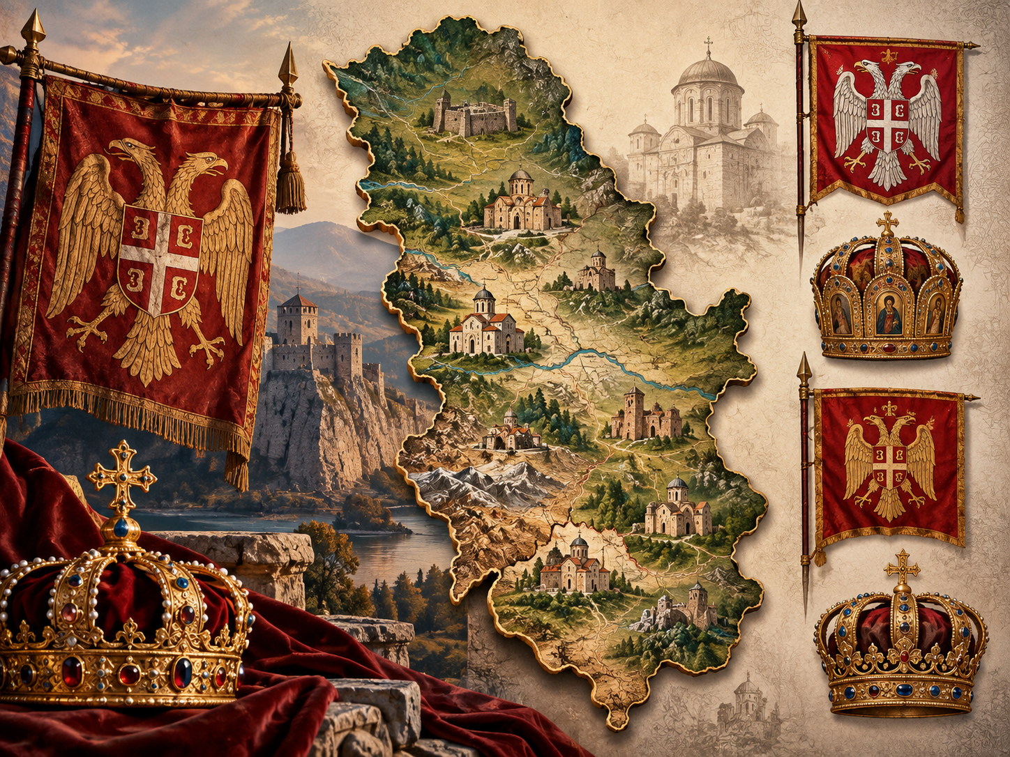 Decorative heritage map of Serbia with medieval flags and crowns